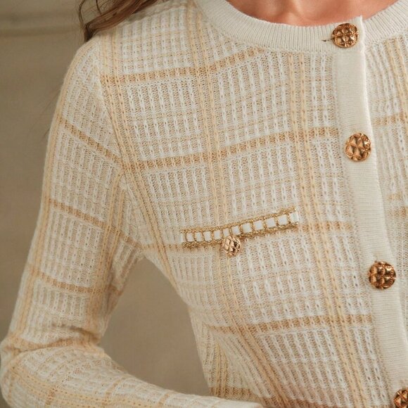 White Elegant Women's Fitted Textured Plaid Chain Decor Bodysuit - Picture 3 of 7